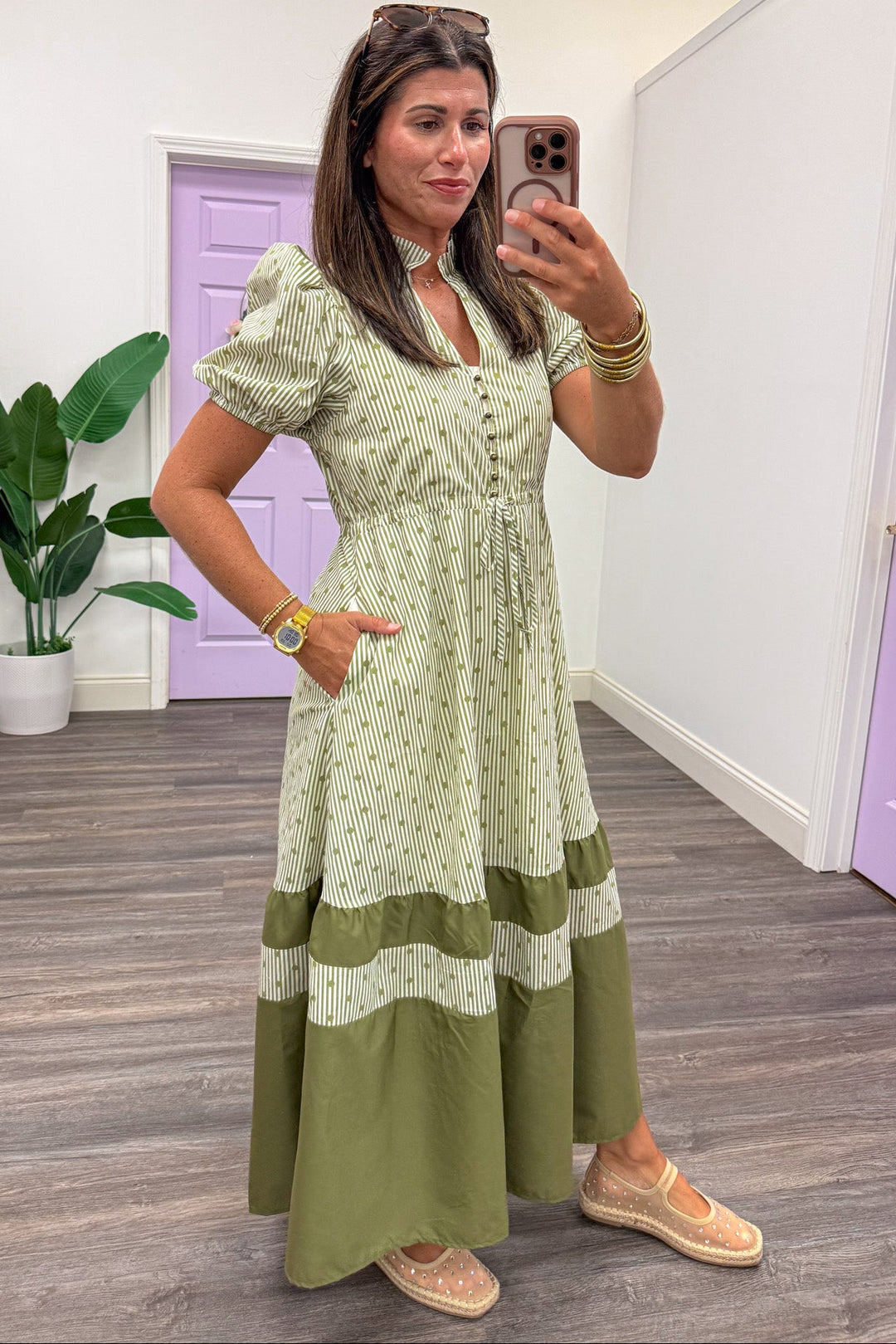 cream and olive green striped and polka dot print cinch waist midi dress with side pockets
