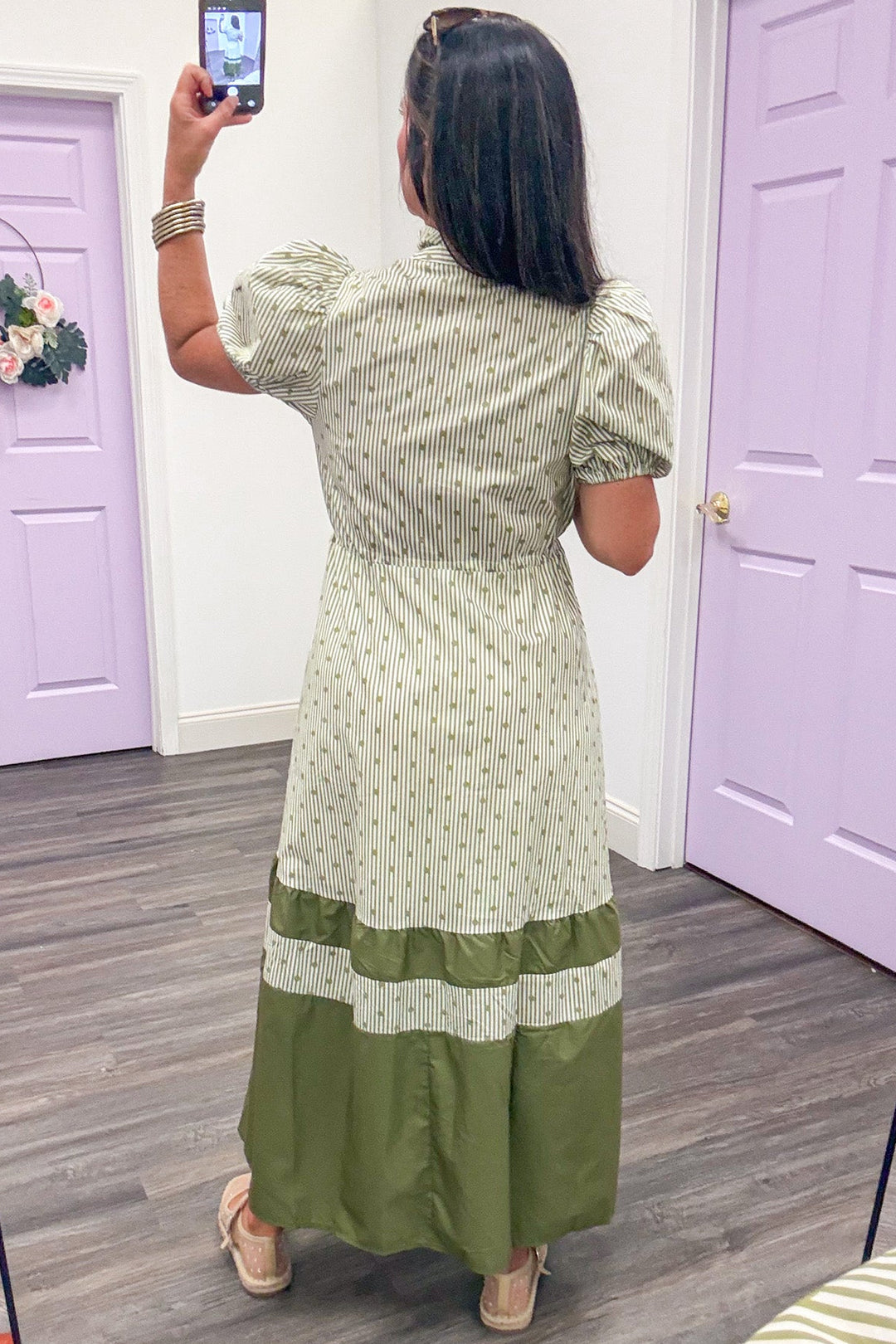 cream and olive green striped and polka dot print cinch waist cotton midi dress