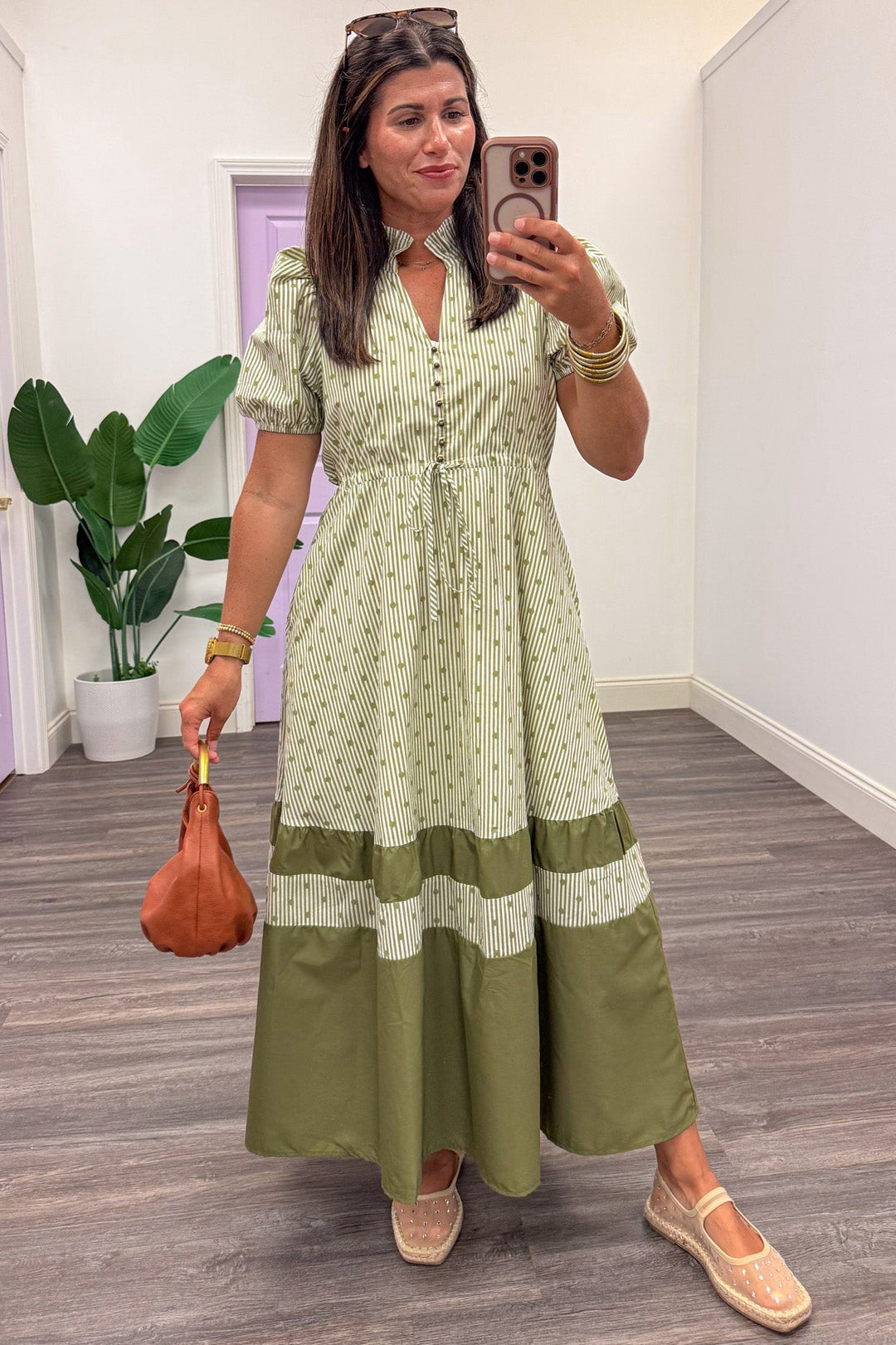 cream and olive green striped and polka dot print cinch waist midi dress