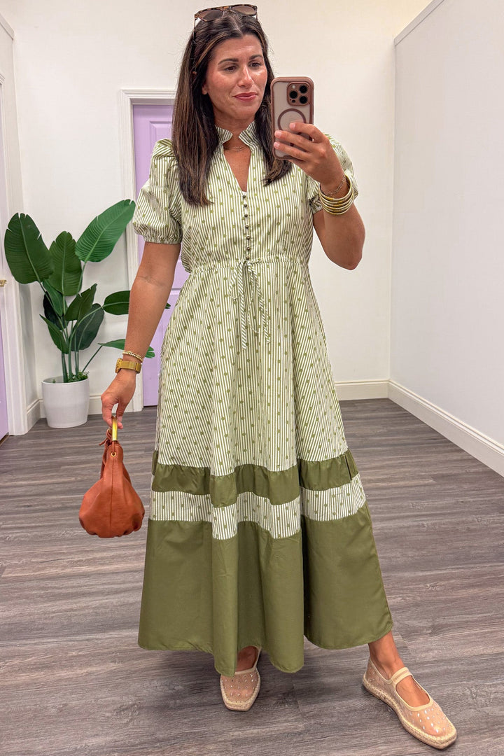 cream and olive green striped and polka dot print cinch waist midi dress