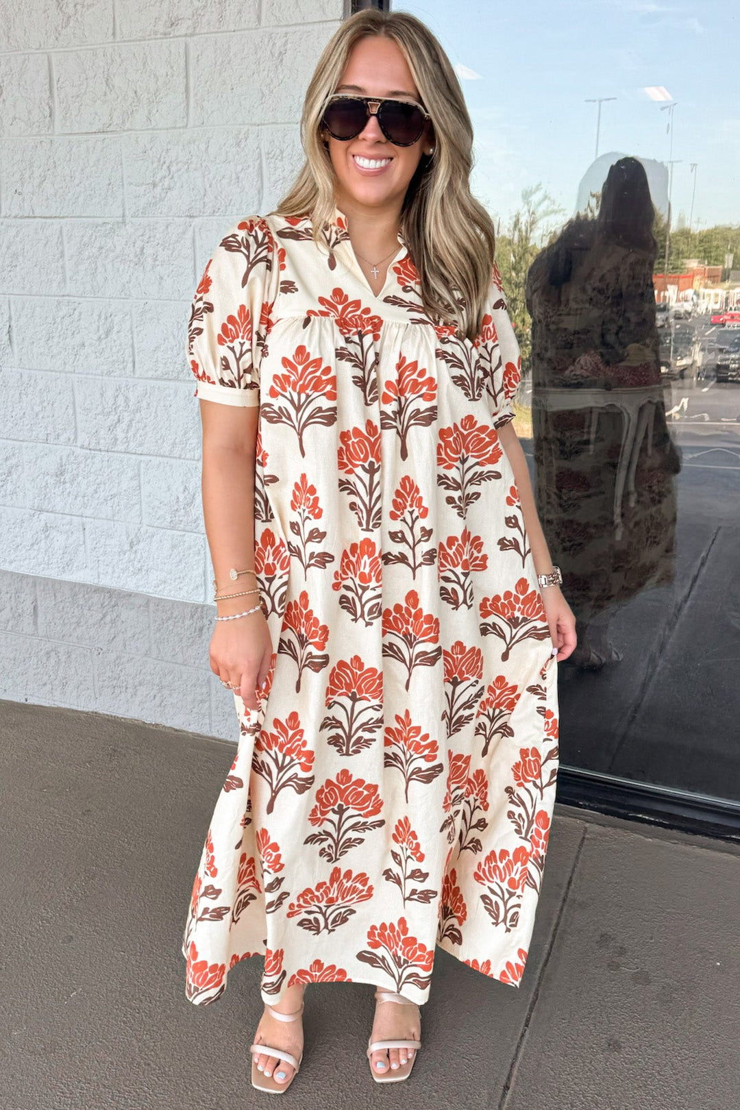 cream with orange and brown floral print puff sleeve cotton poplin midi dress