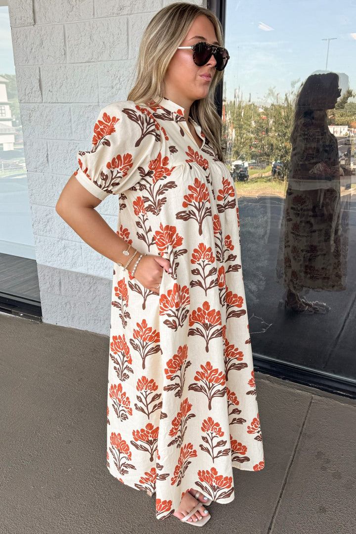 cream with orange and brown floral print puff sleeve poplin midi dress with side pockets