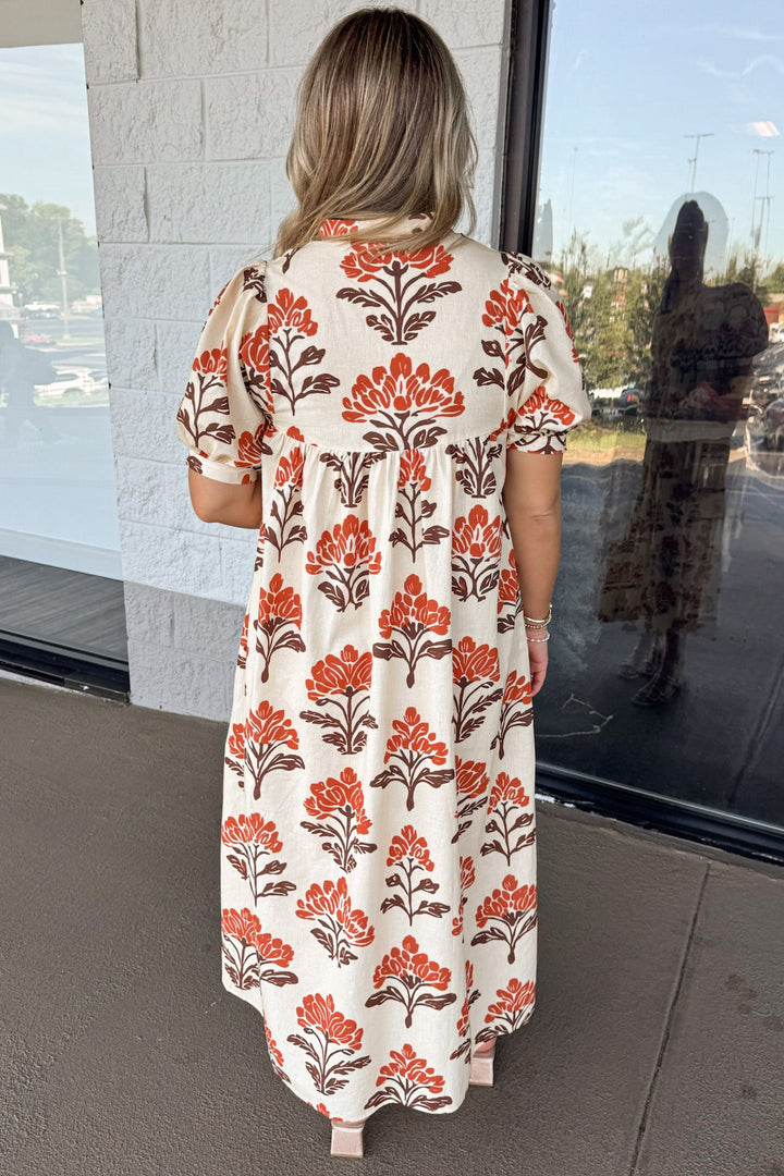 cream with orange and brown floral print short puff sleeve poplin midi dress