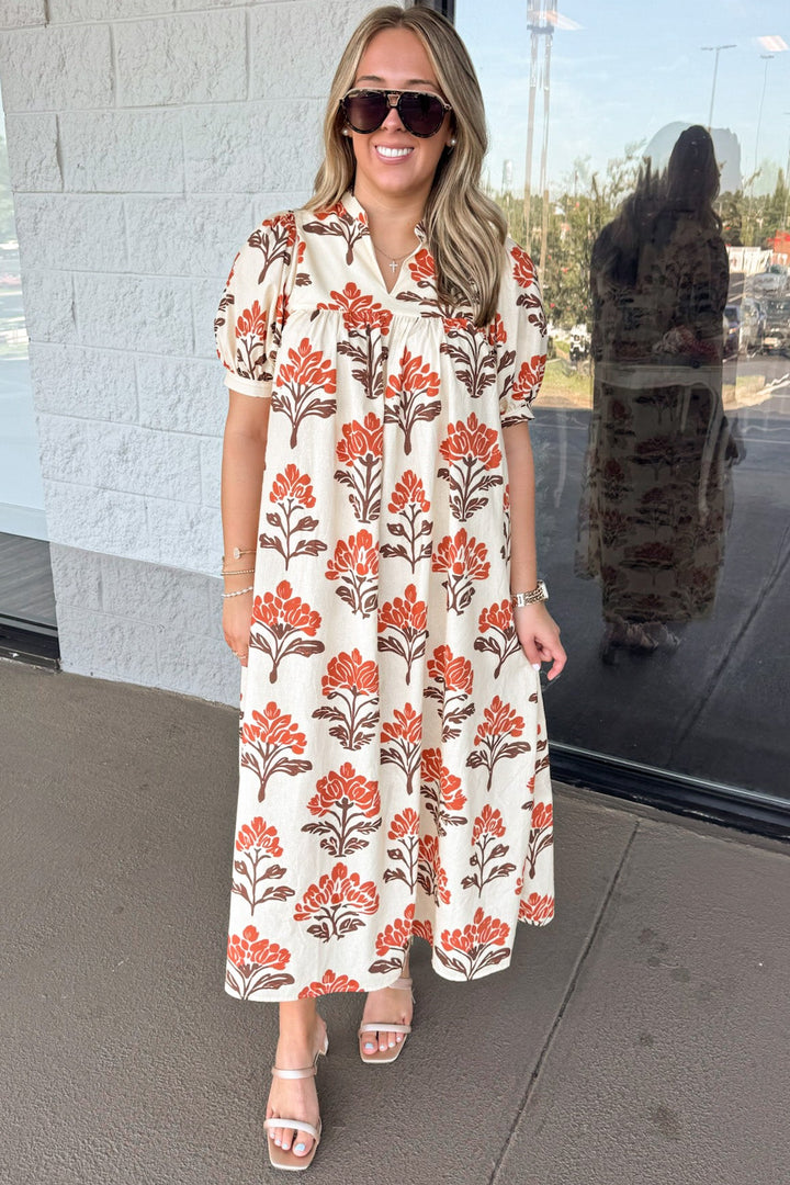 cream with orange and brown floral print puff sleeve poplin midi dress
