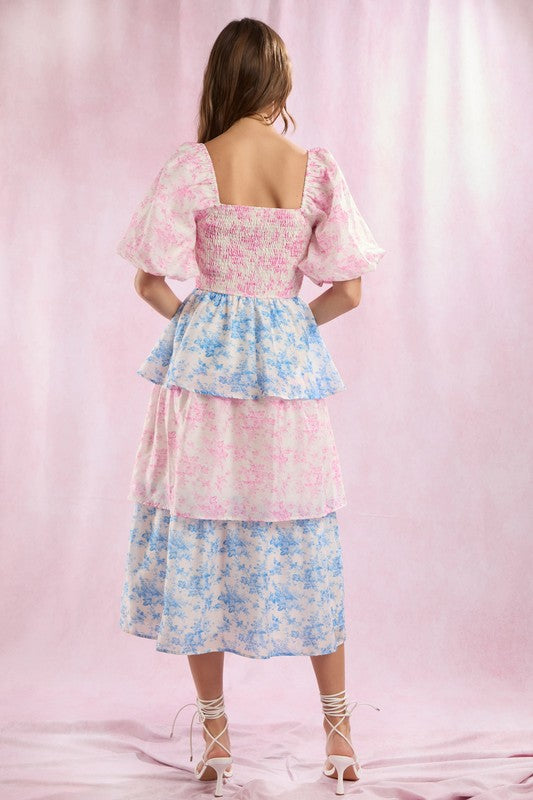 Peach Love California Cream chiffon layer tiered midi dress with blue and pink floral print