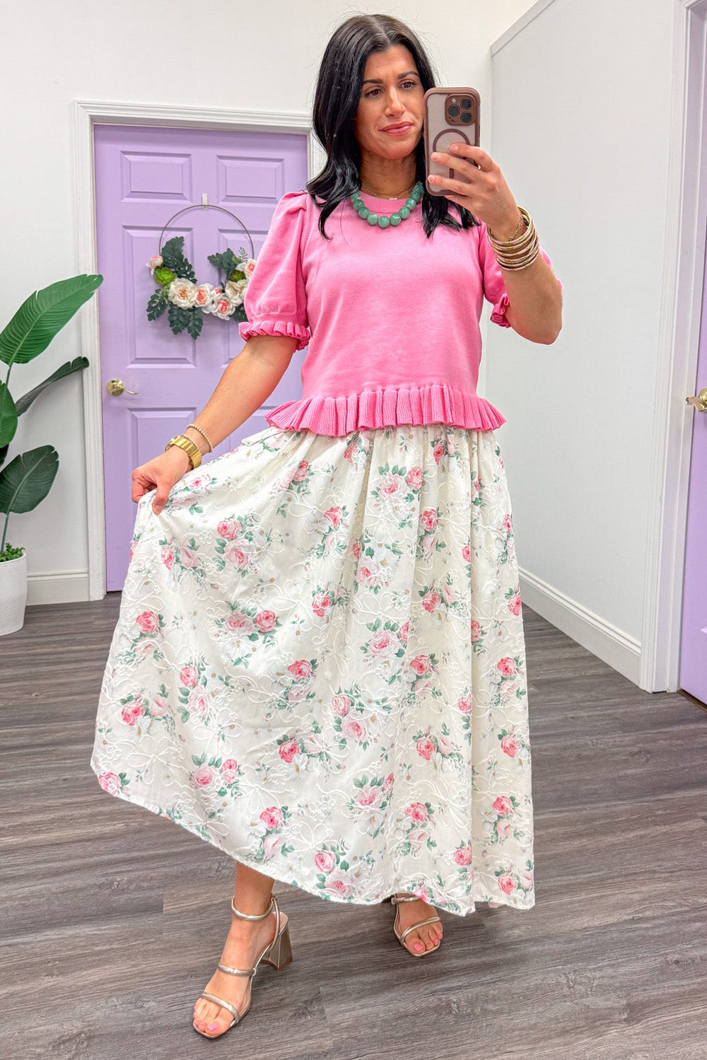 cream and pink floral embroidered detail asymmetrical flowy maxi skirt