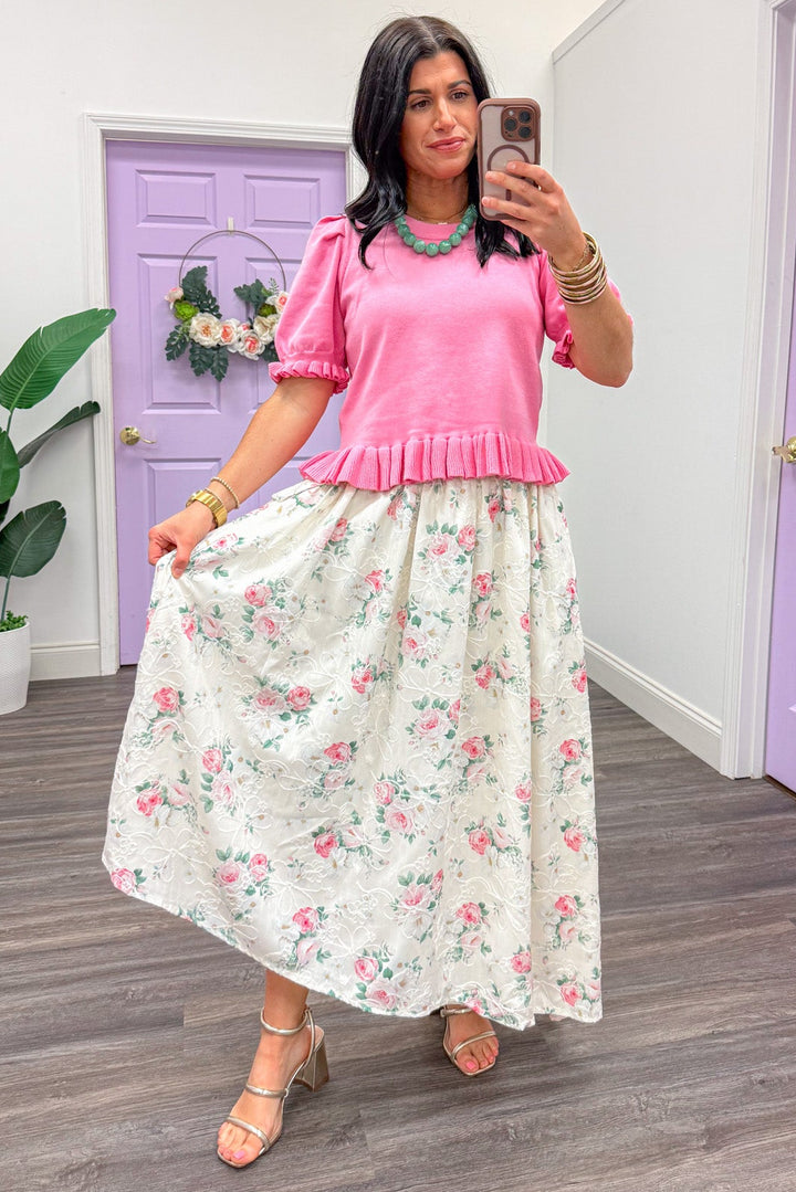 cream and pink floral embroidered detail asymmetrical flowy maxi skirt