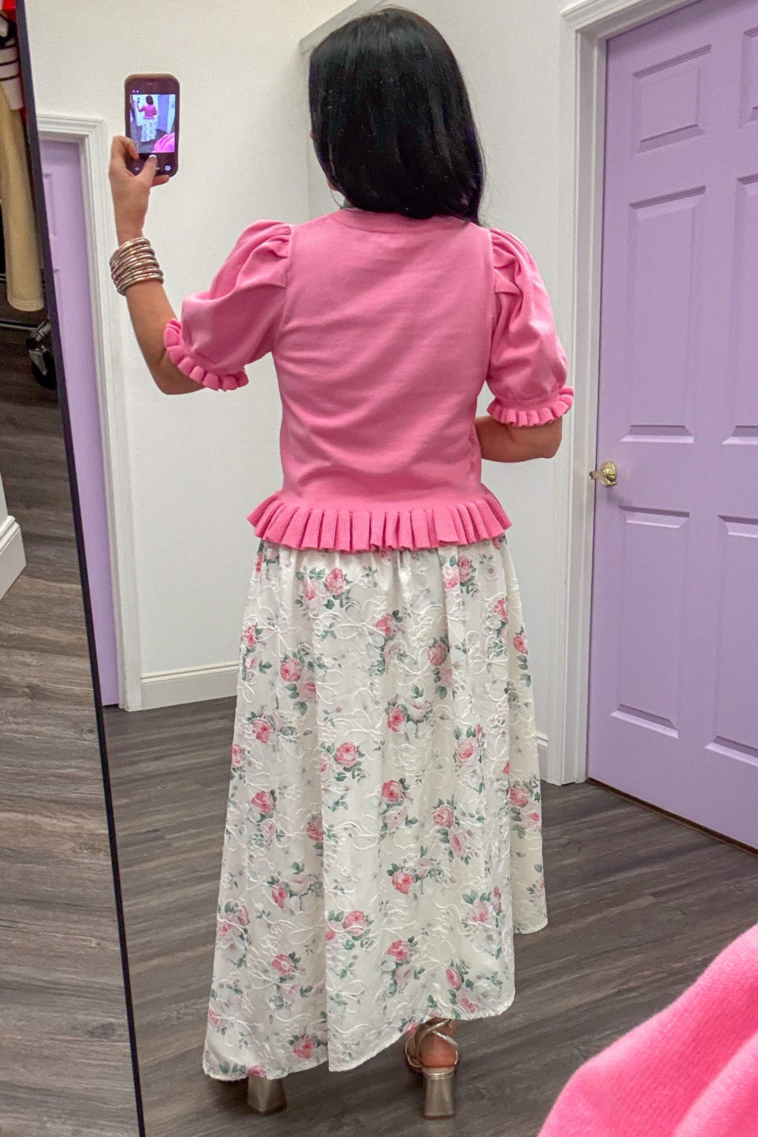 cream and pink floral detail flowy maxi skirt back view