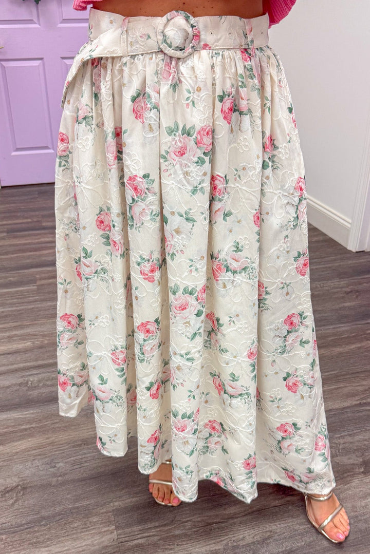 cream and pink floral detail asymmetrical belted maxi skirt
