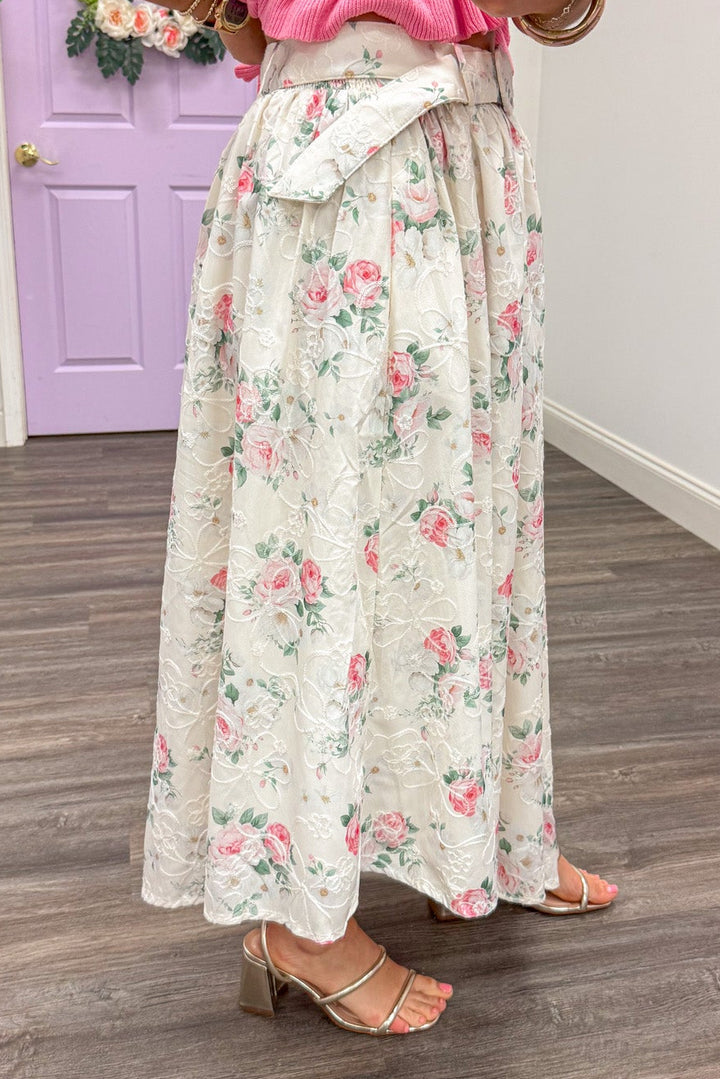 cream and pink floral embroidered detail asymmetrical maxi skirt