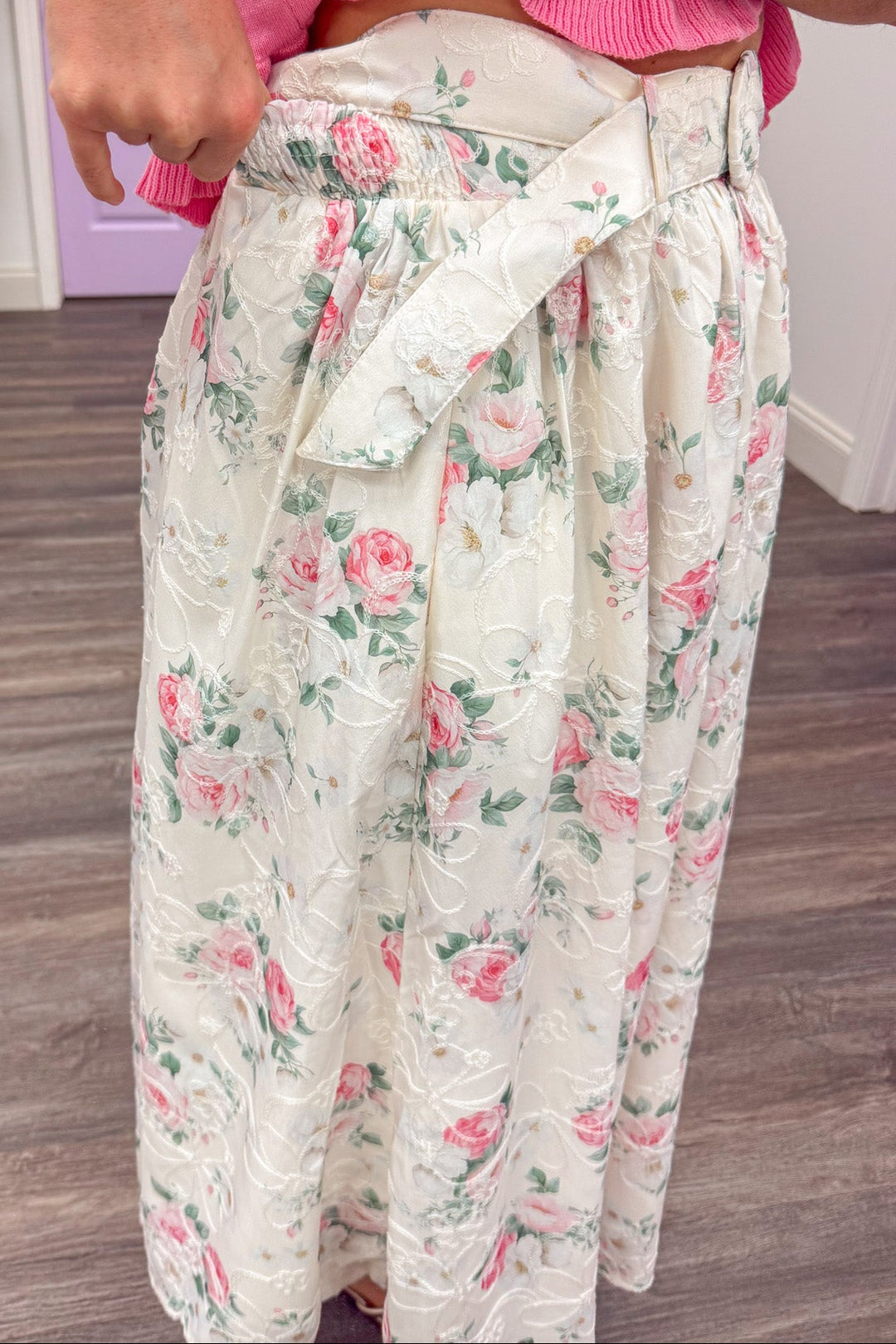 cream and pink floral detail asymmetrical elastic band maxi skirt