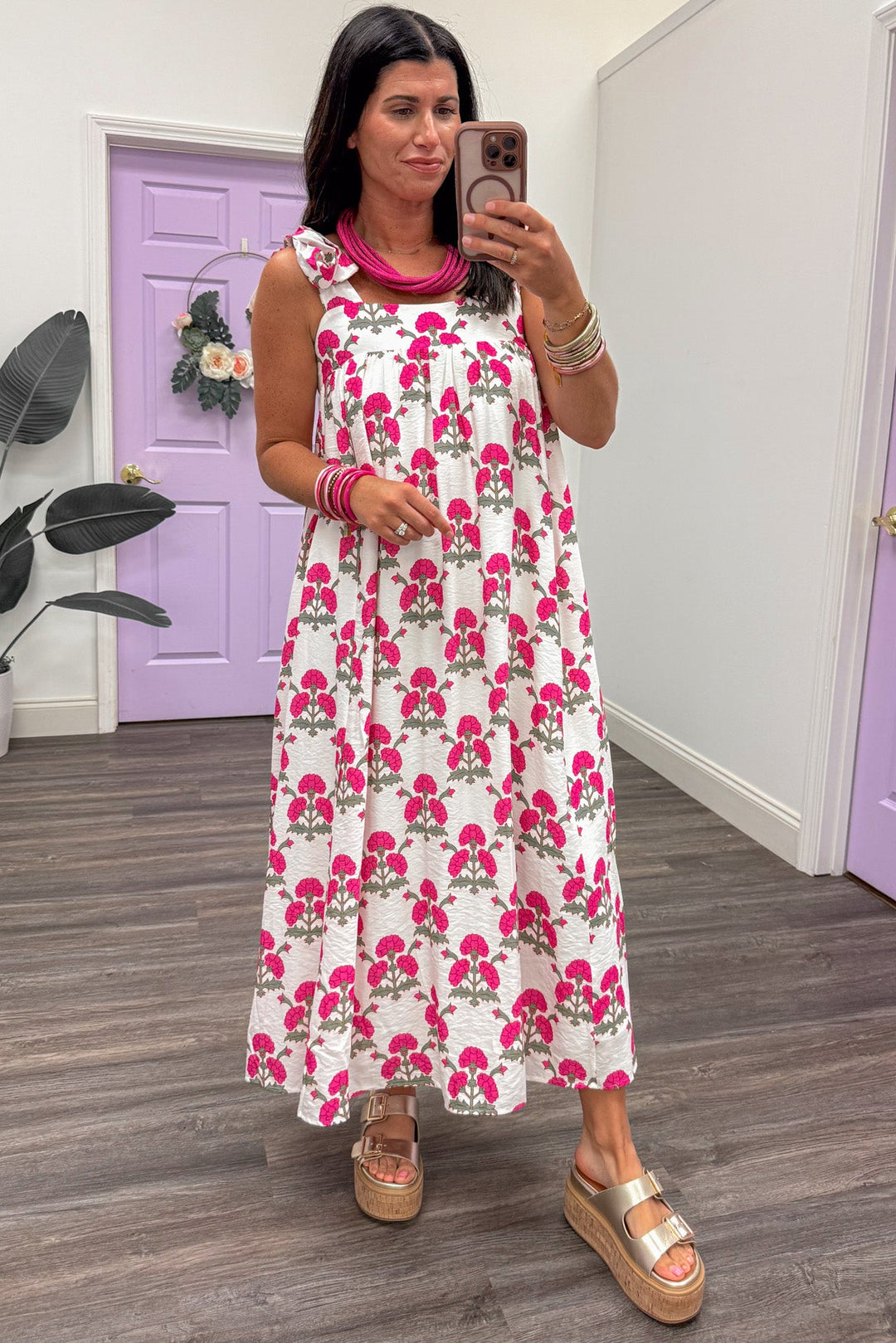 cream pink and olive large floral print sleeveless midi dress