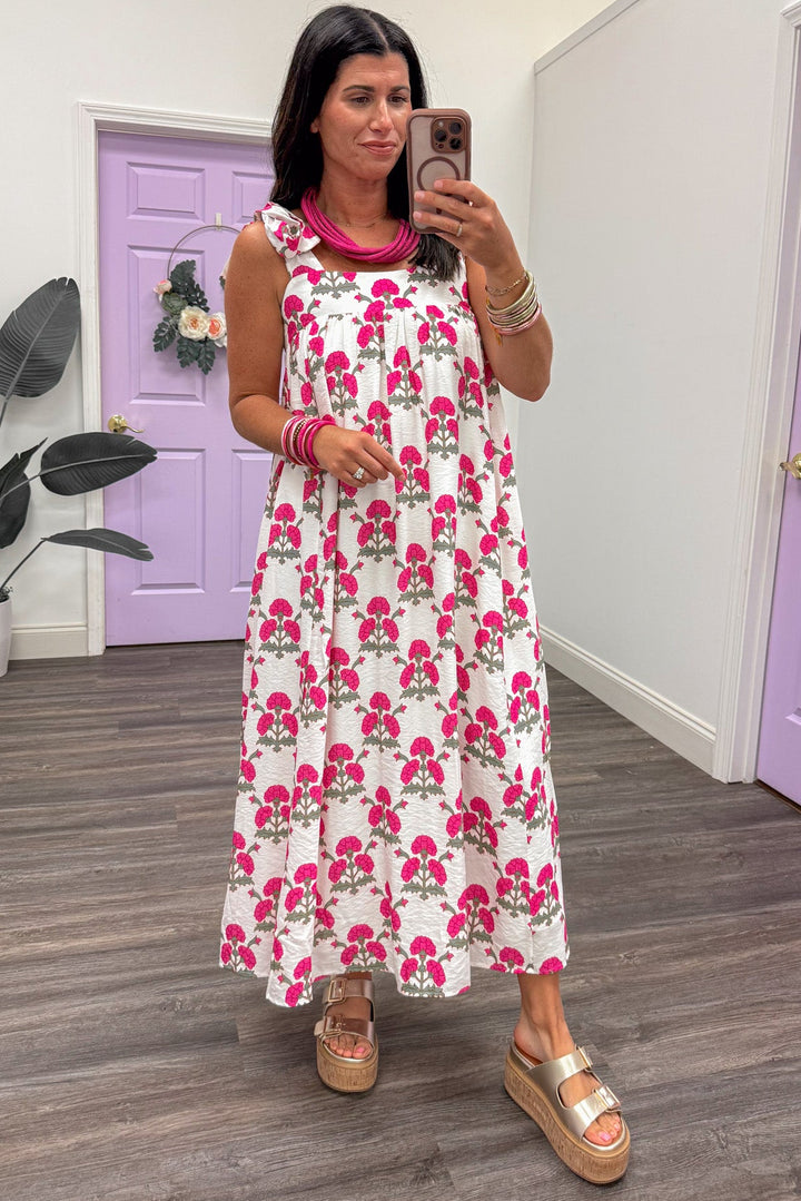 cream pink and olive large floral print sleeveless midi dress