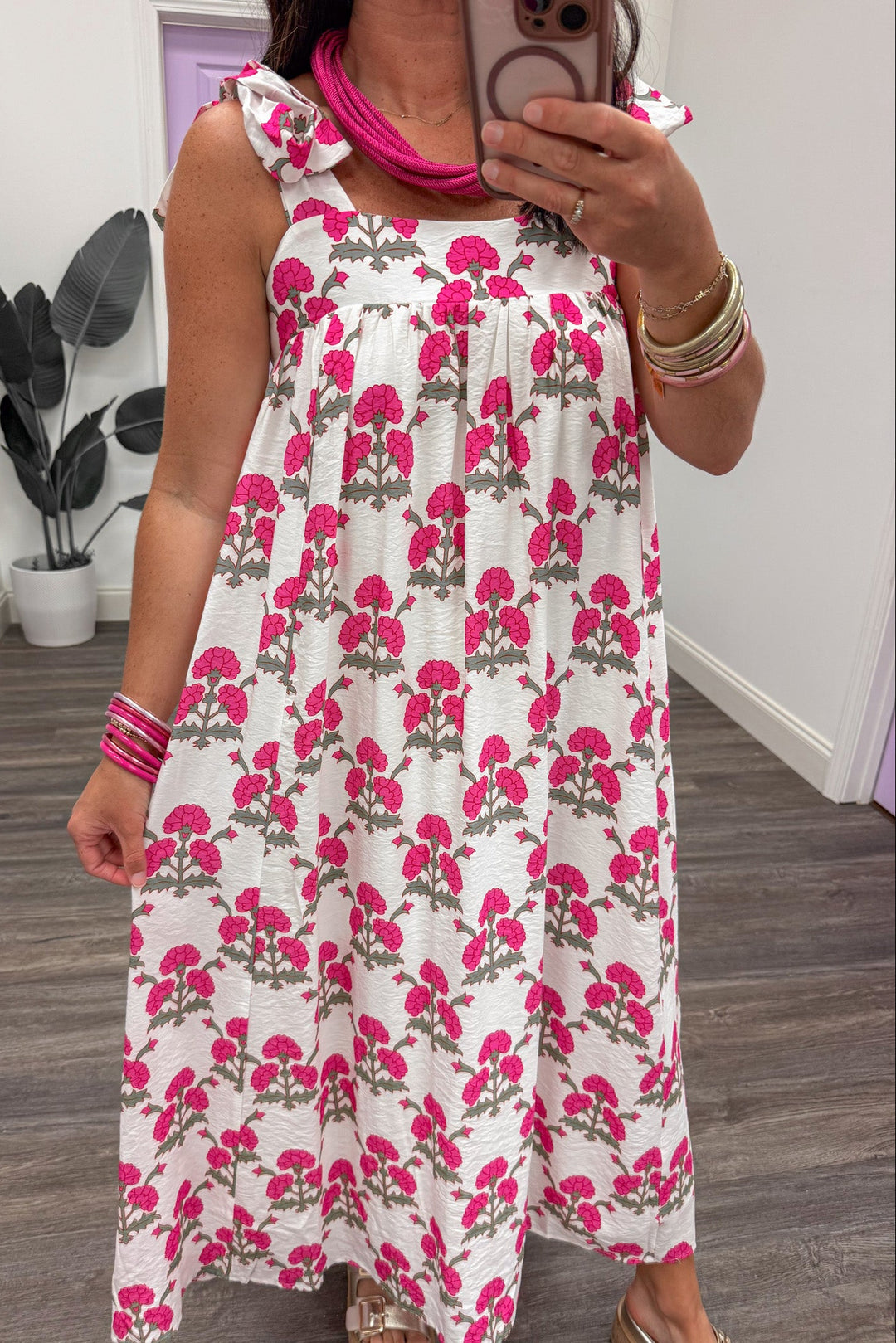 cream pink and olive floral print sleeveless square neckline midi dress