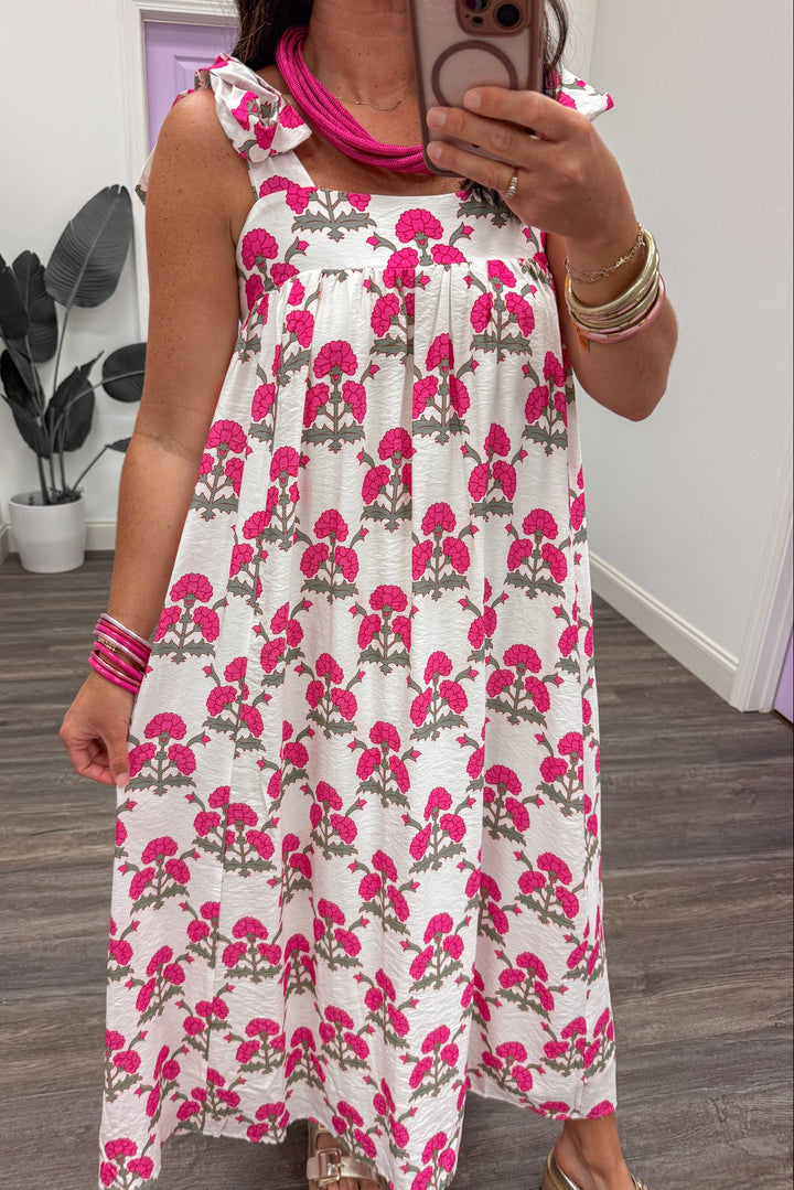 cream pink and olive floral print sleeveless square neckline midi dress