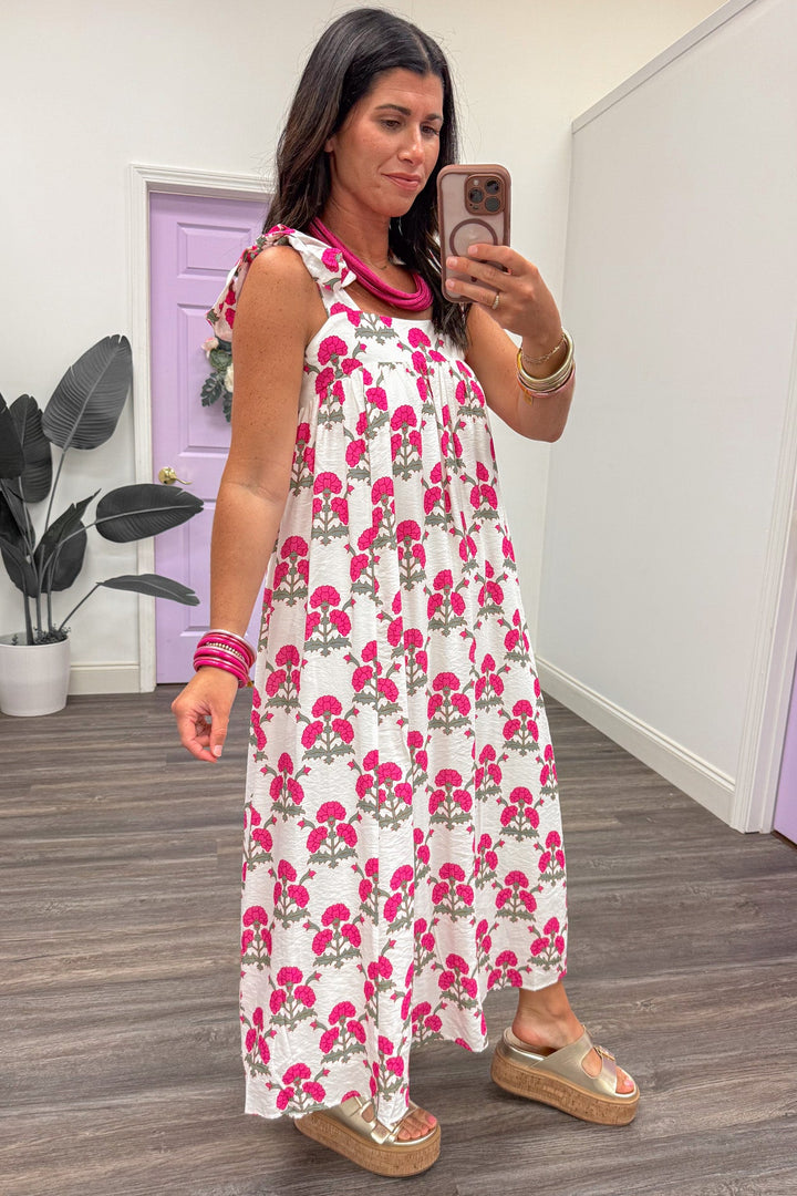 cream pink and olive floral print sleeveless tie strap midi dress