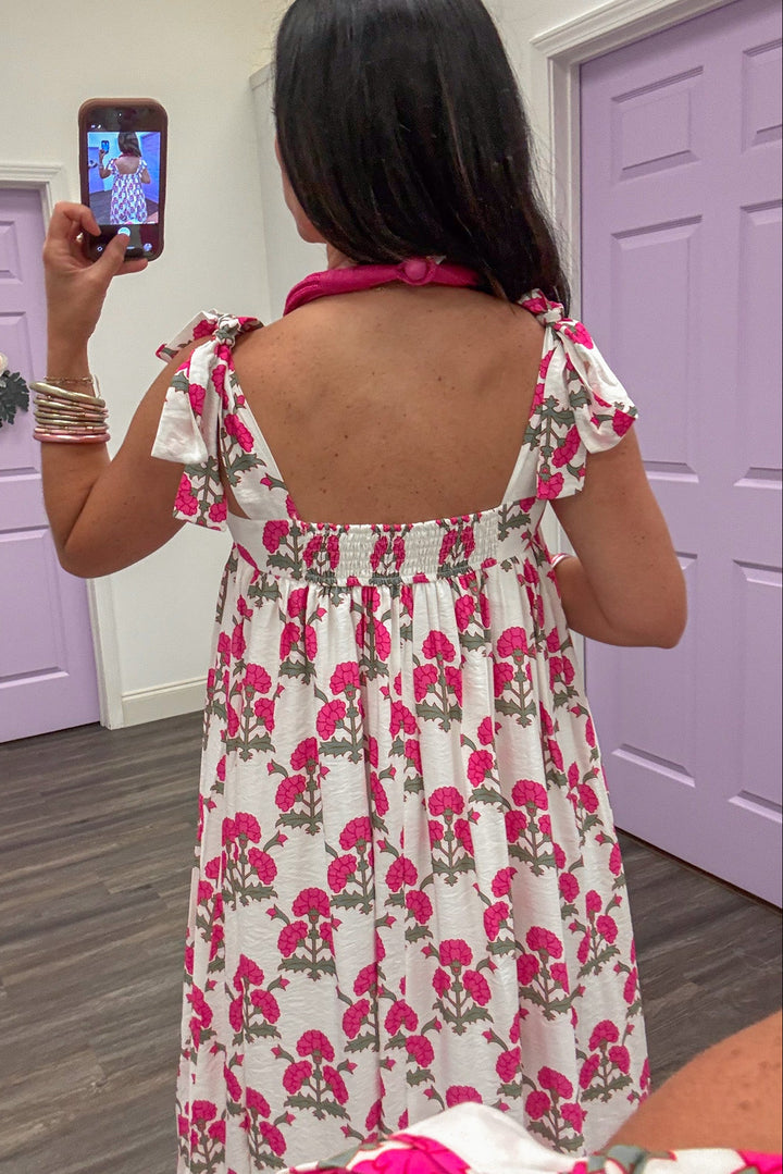cream pink and olive floral print sleeveless smocked back midi dress