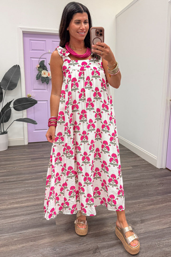 cream pink and olive floral print sleeveless midi dress