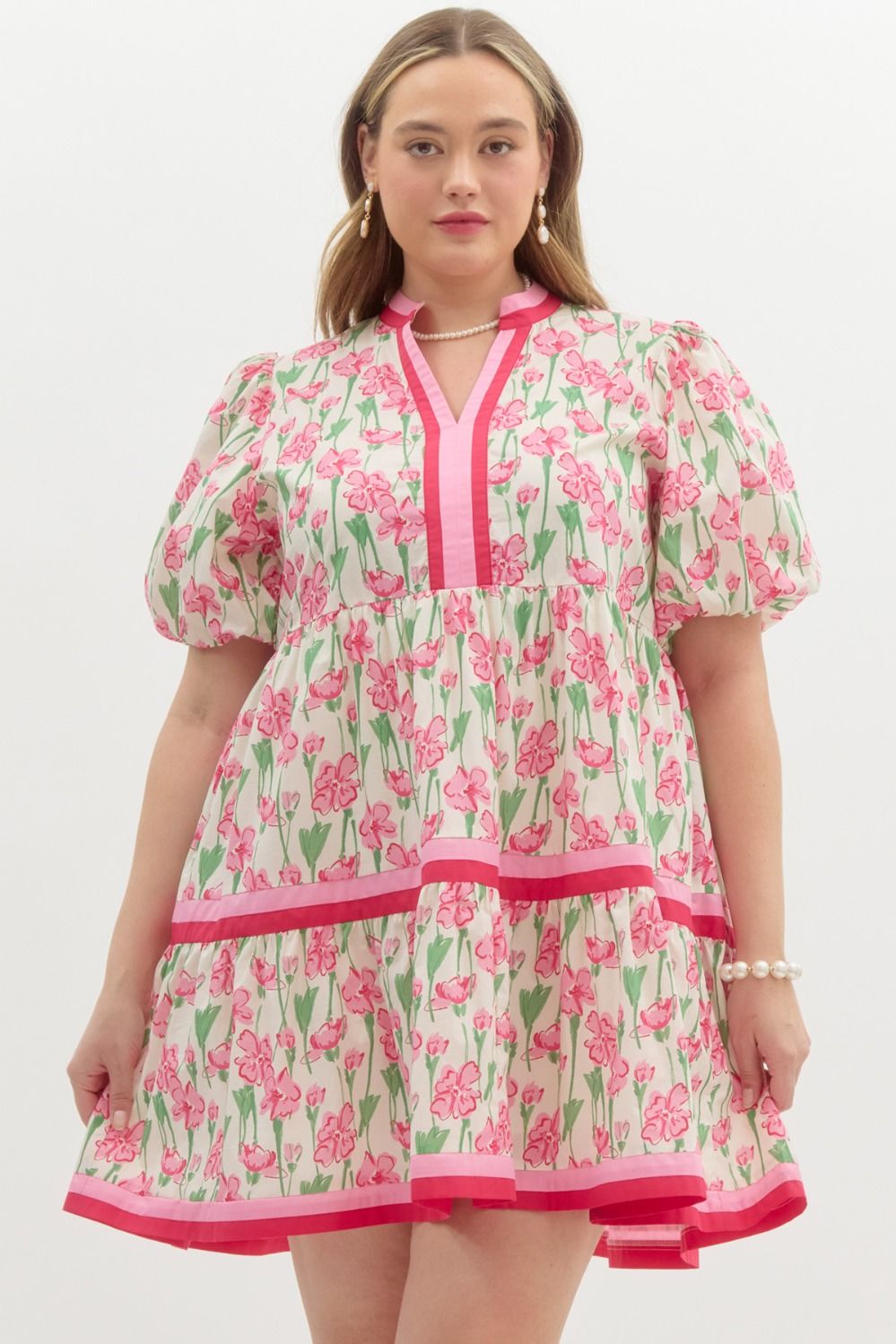 Entro Plus size  Cream tiered dress with pink and green floral print, and red trim