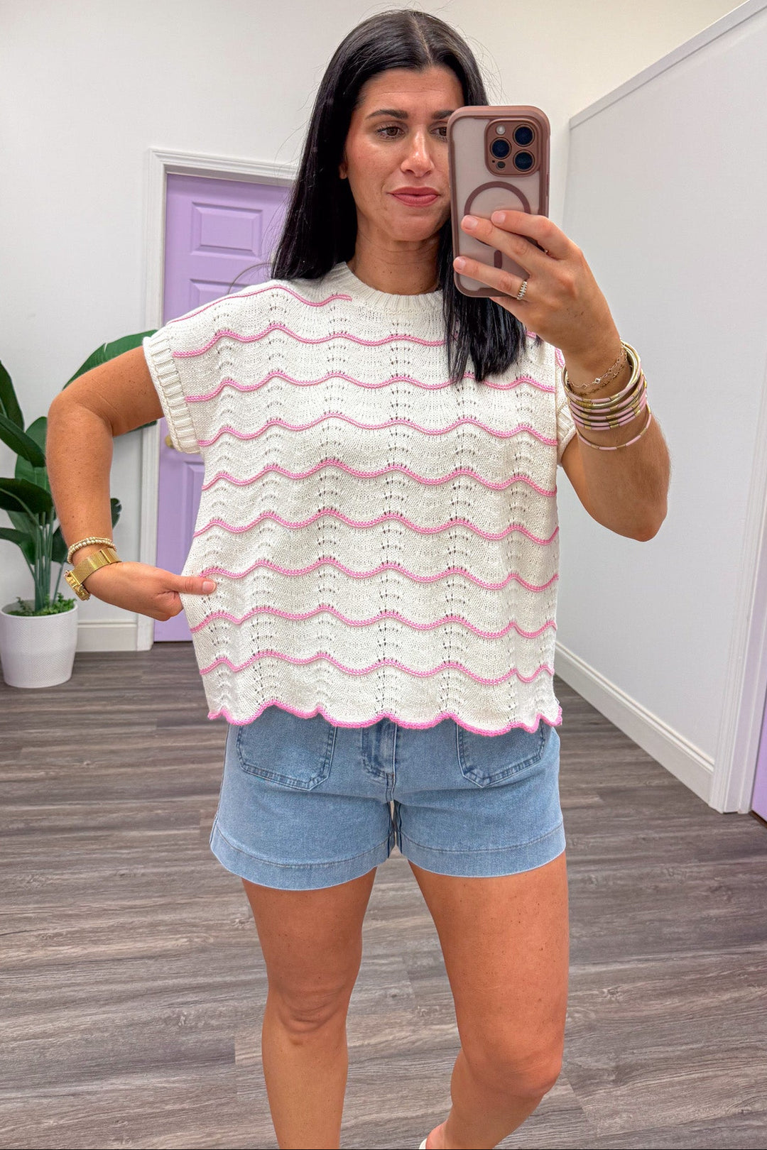 pale pink wave striped scallop hem cream knit top relaxed silhouette