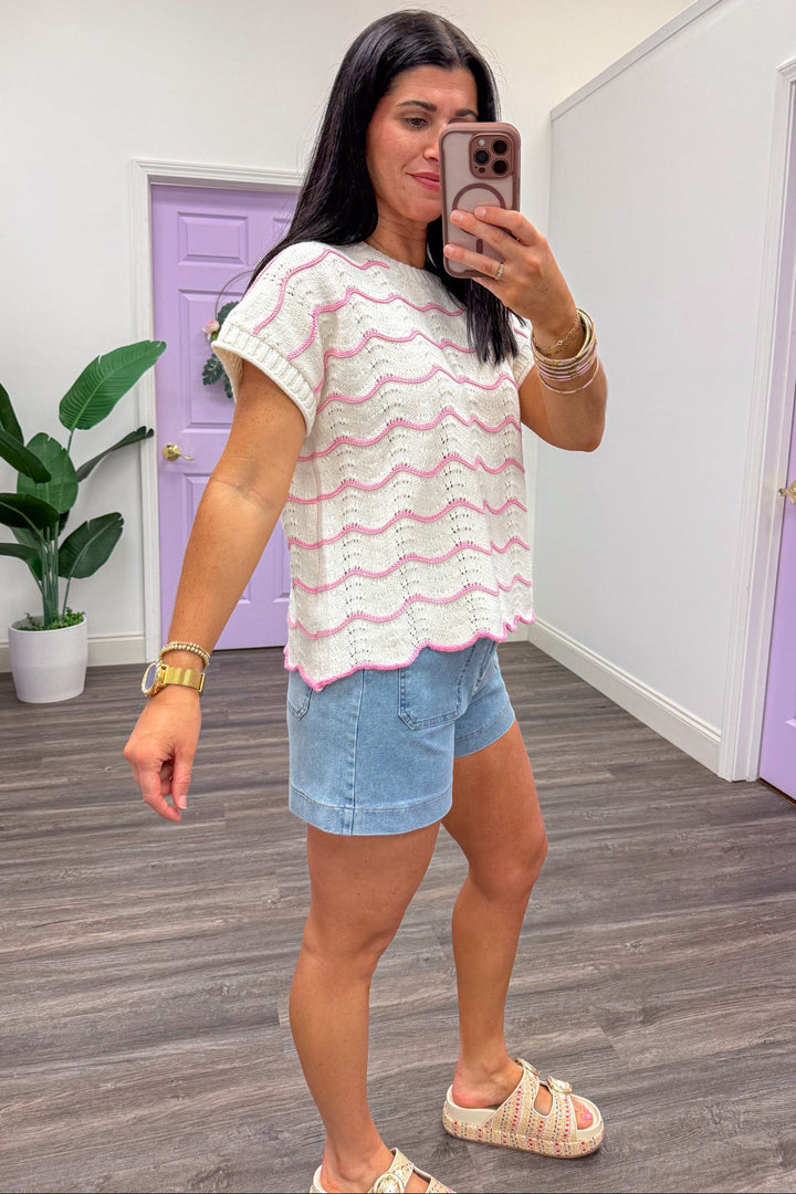 pale pink wave striped ribbed trim short sleeve cream knit top