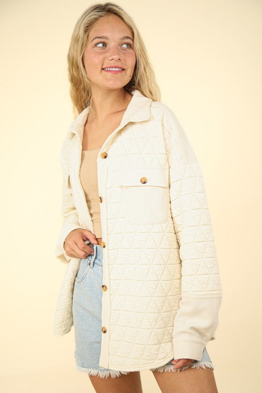 Very J Cream quilted lightweight jacket with contrasting french terry knit details