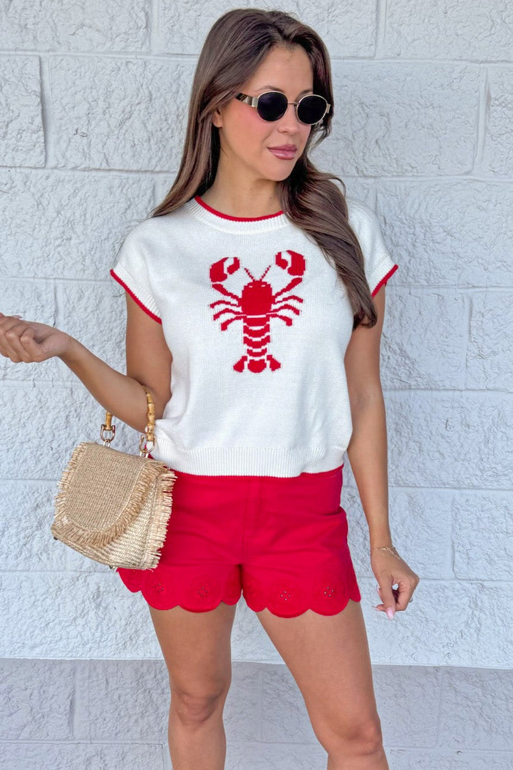 cream with red lobster detail ribbed short sleeve semi-cropped knit top