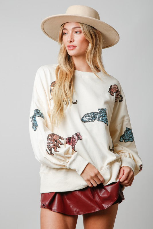 Peach Love California Cream french terry pullover sweatshirt with multicolor sequin tiger print