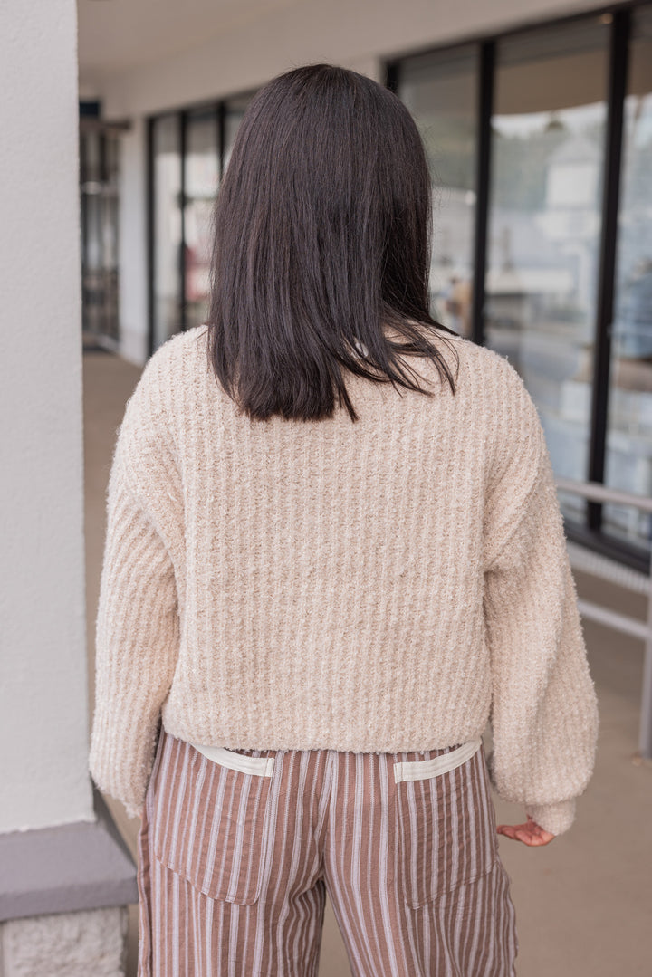 light tan fuzzy soft knit sweater cardigan top back view