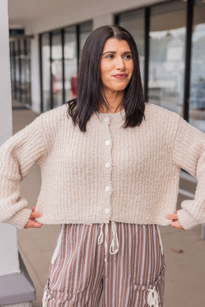 light beige fuzzy soft knit sweater cardigan top