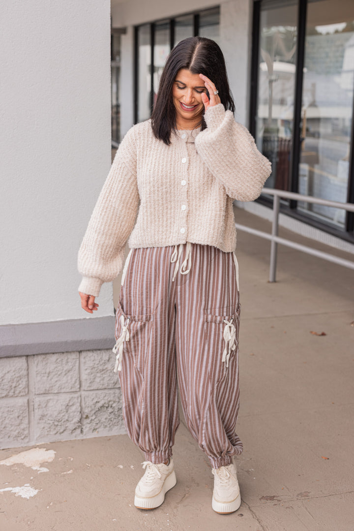 Women's milk chocolate brown linen cargo jogger pants with cream stripes by ee:some, perfect for teachers