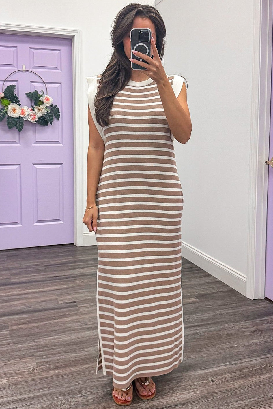 cream and taupe horizontal striped crew neckline knit maxi dress