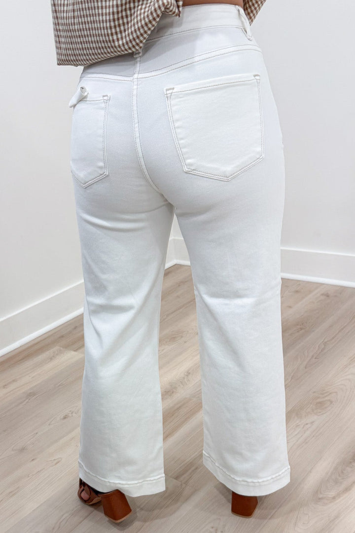 solid cream wide leg ankle cropped tummy control denim jeans with back pockets
