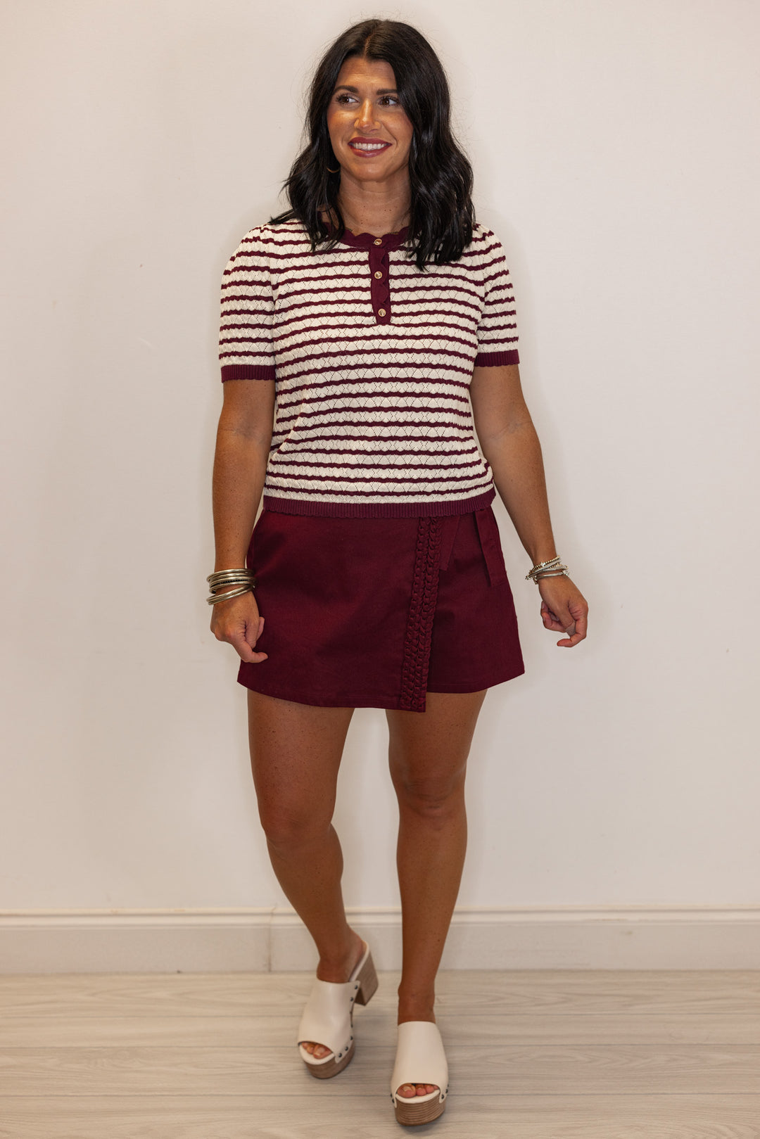 Women's trendy braided trim denim twill skort in deep burgundy wine by Entro, perfect for fall