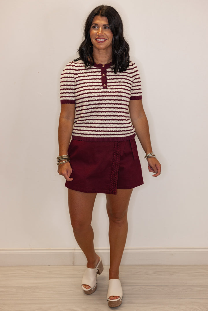 Women's trendy braided trim denim twill skort in deep burgundy wine by Entro, perfect for fall
