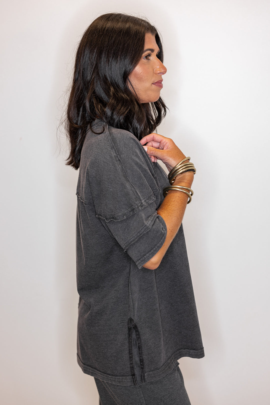 black cotton oversized side slit top