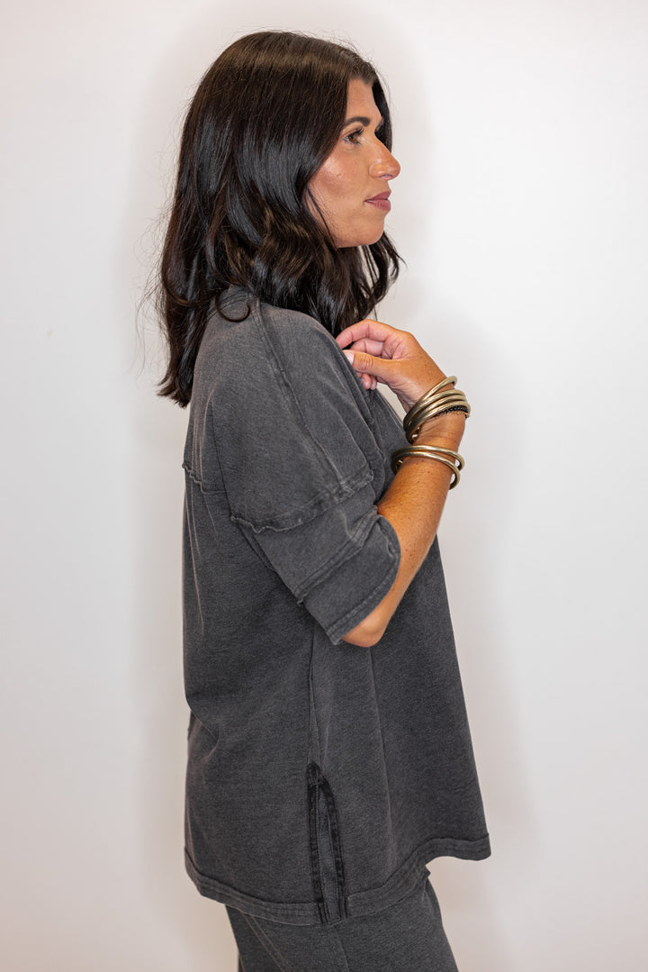 black cotton oversized side slit top