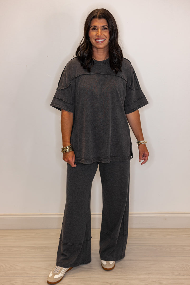 cute easy everyday black cotton wide leg lounge pants set