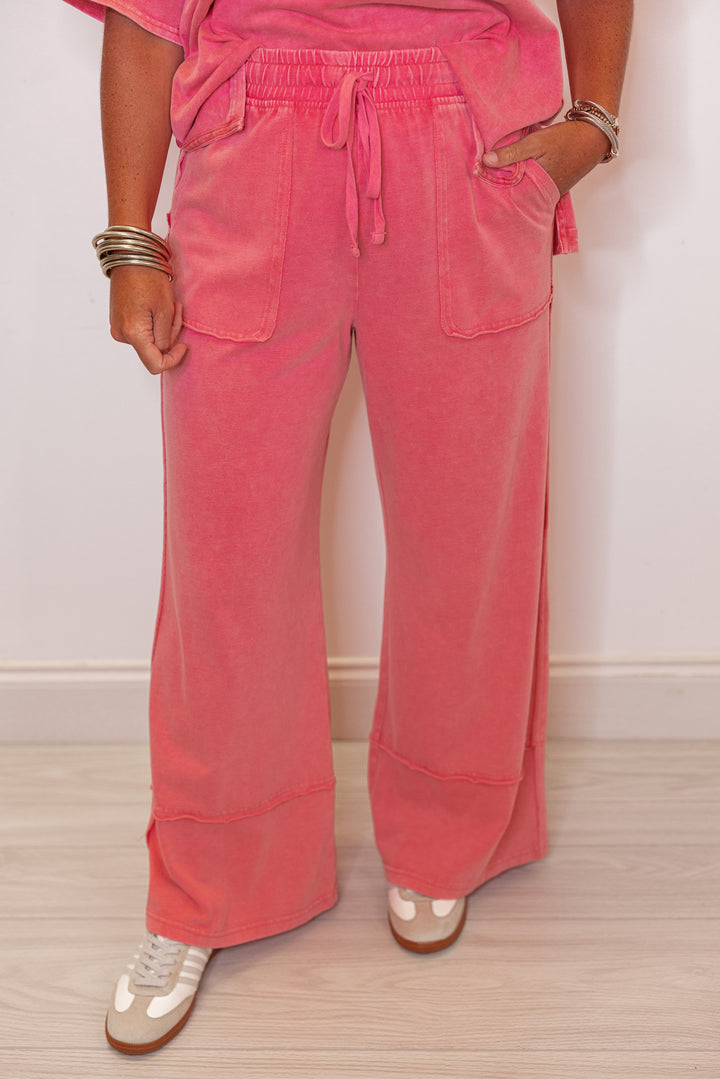 strawberry pink washed knit wide leg pants