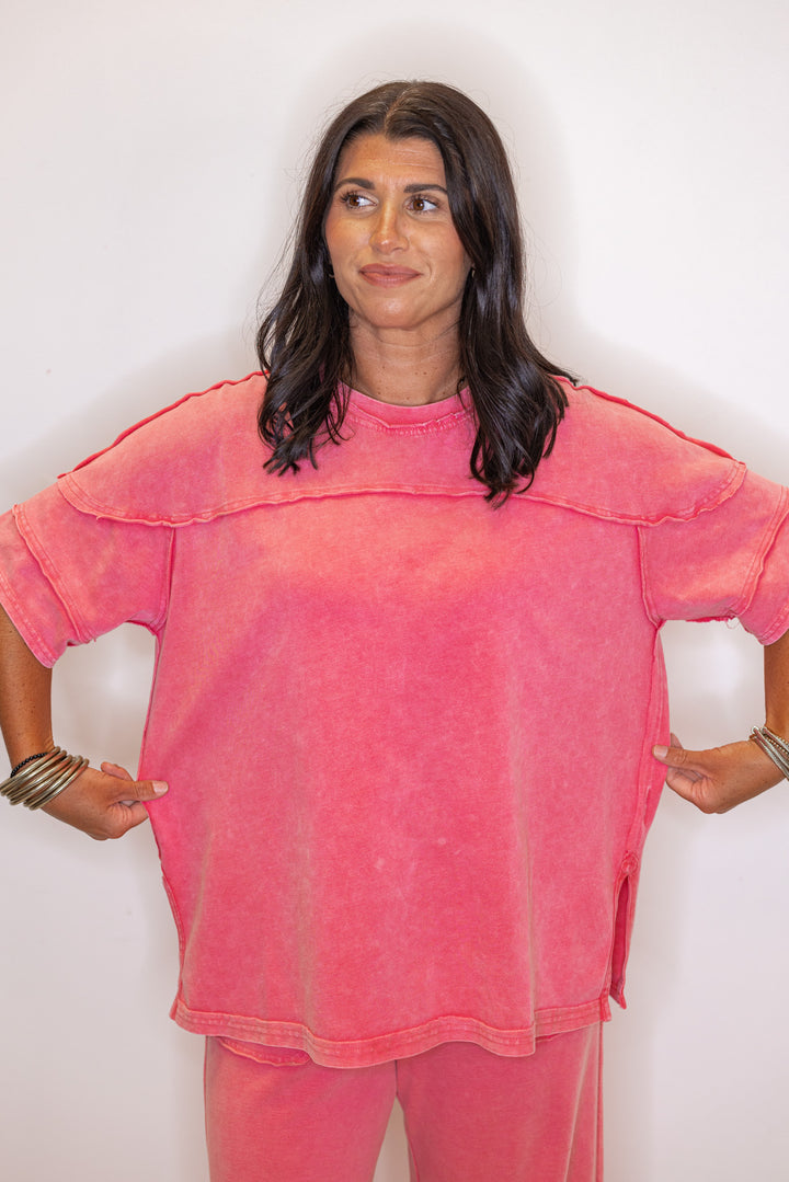 strawberry pink washed knit oversized 
cotton top