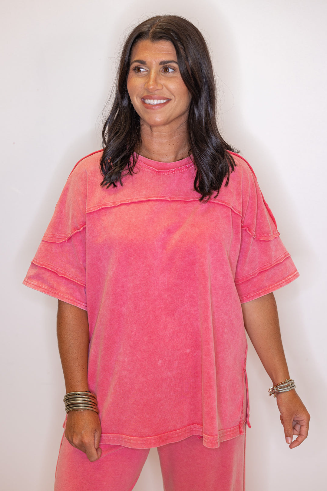 strawberry pink washed knit pants matching set