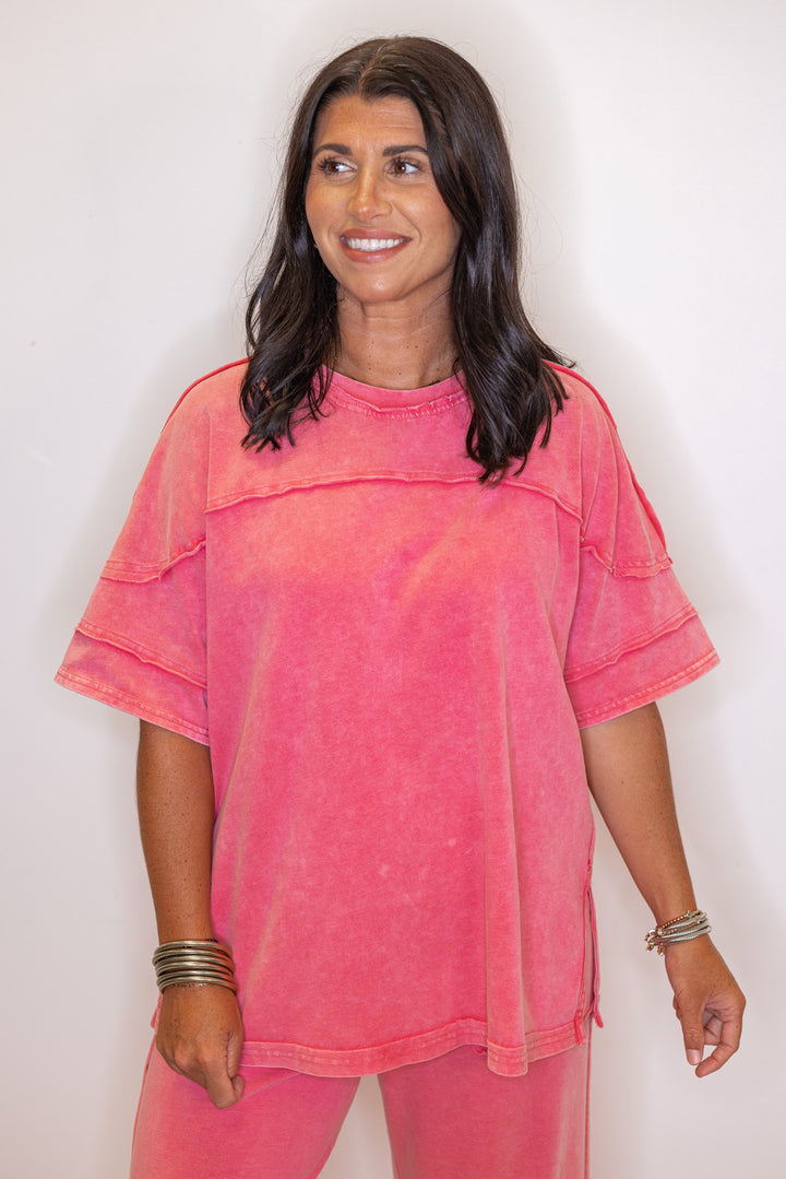 strawberry pink washed knit pants matching set