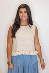 beige sleeveless knit top
