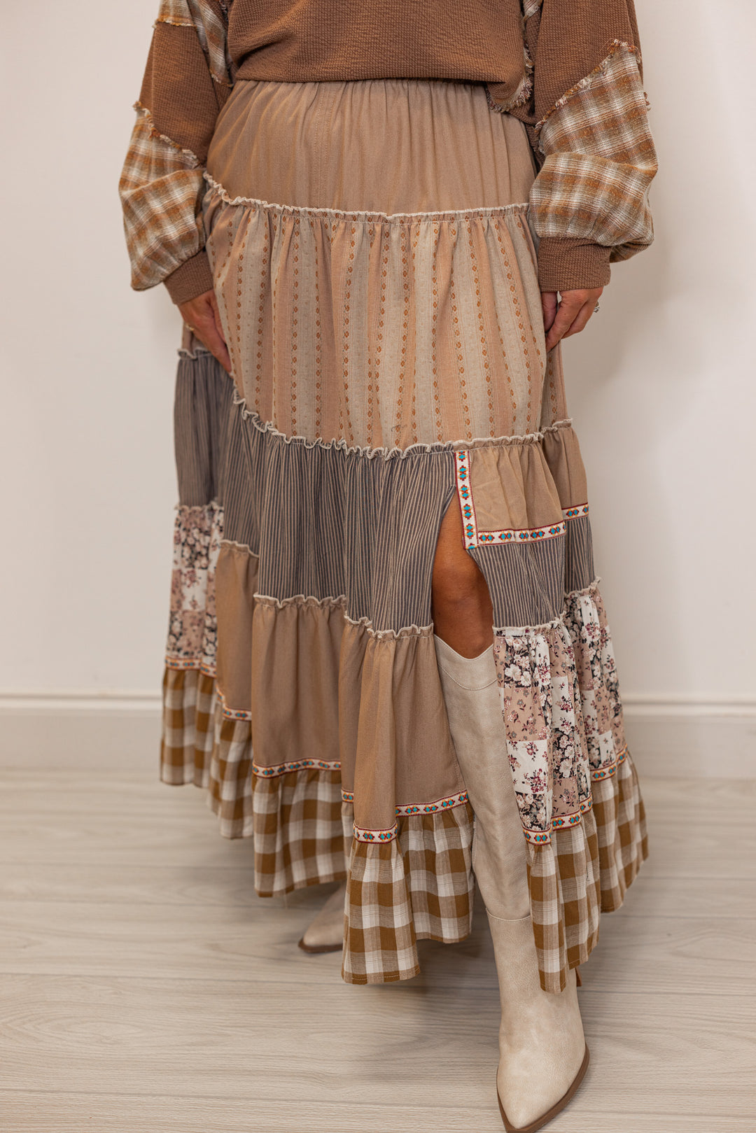 Women's tiered layered patterned boho maxi skirt with front slit