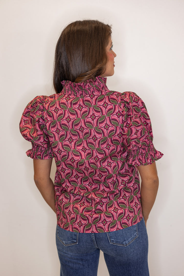 Women's burgundy wine poplin top with abstract print by Entro showing back view