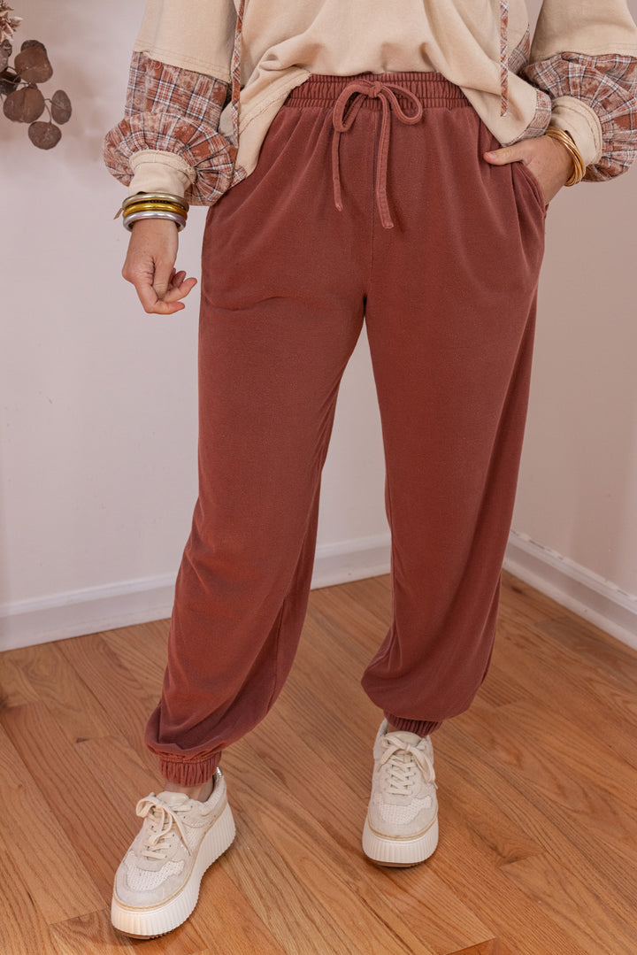 Women's washed terra-cotta terry knit wide leg jogger pants by Blu Pepper