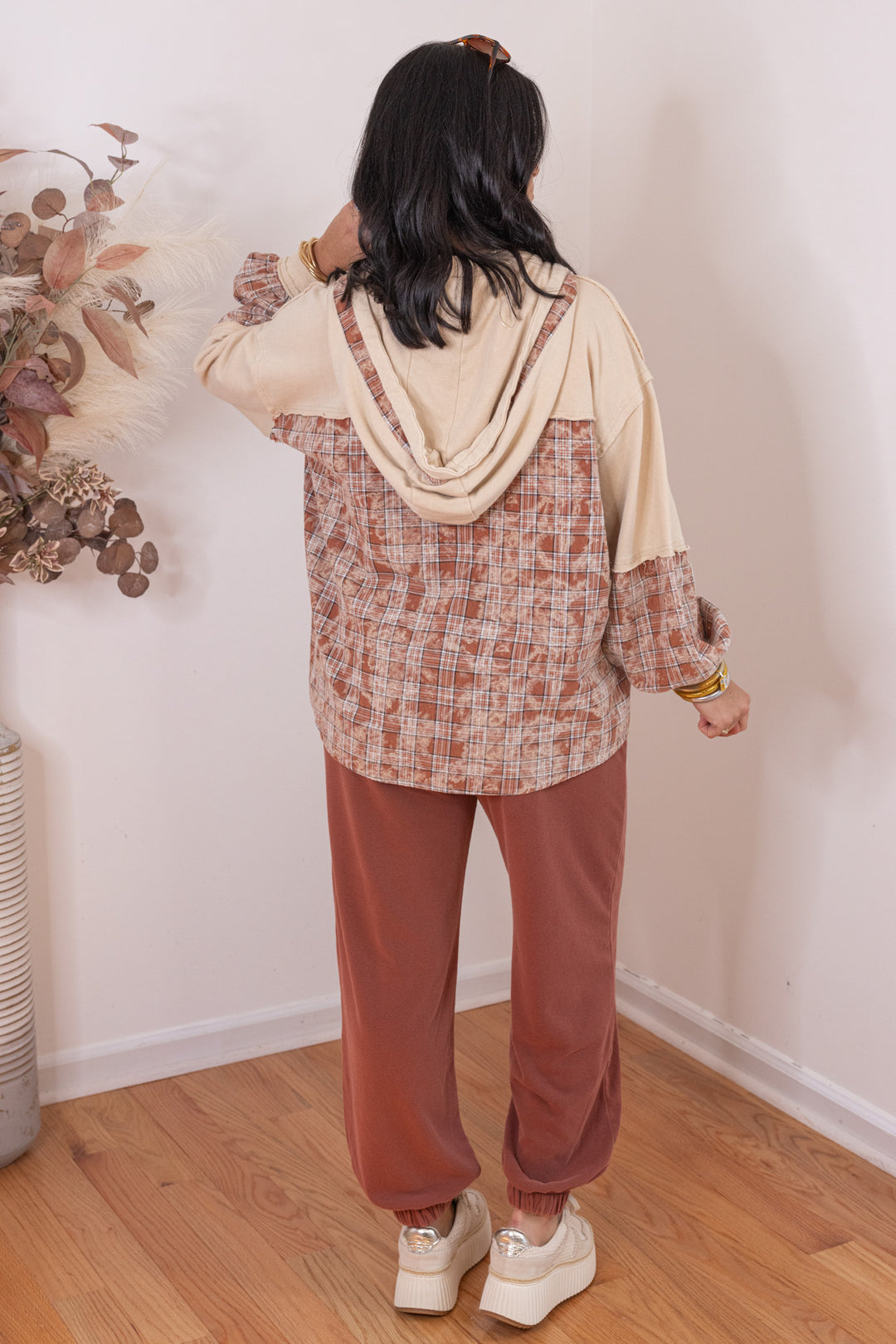 Women's beige french terry knit hooded top with plaid patchwork colorblock by Easel showing full back view