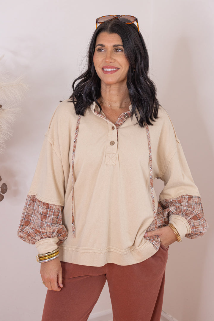 Women's beige french terry knit hooded top with plaid patchwork colorblock by Easel