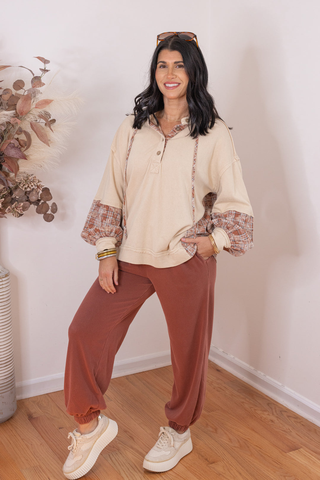 Women's washed terra-cotta terry knit wide leg jogger pants by Blu Pepper showing full front view