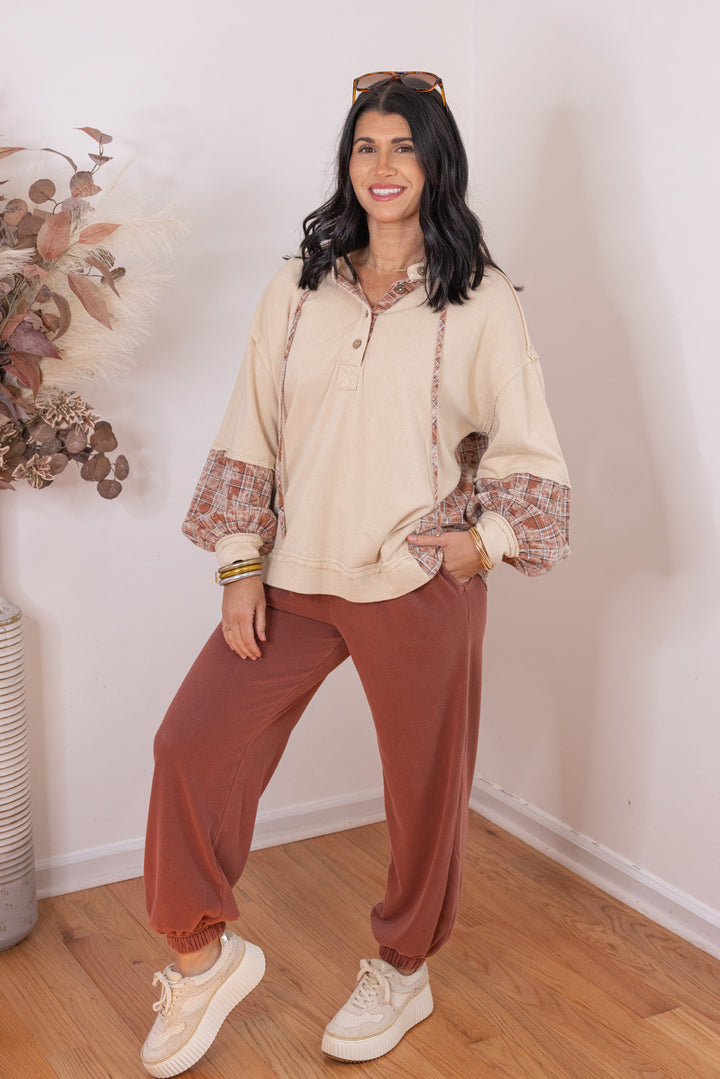 Women's washed terra-cotta terry knit wide leg jogger pants by Blu Pepper showing full front view